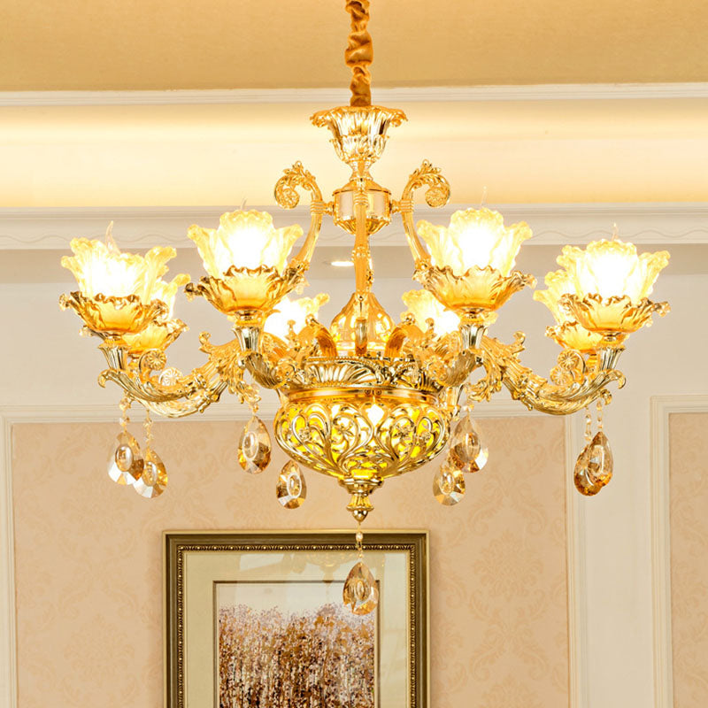 Modern Amber Glass Hanging Chandelier - Gold Living Room Pendant Light