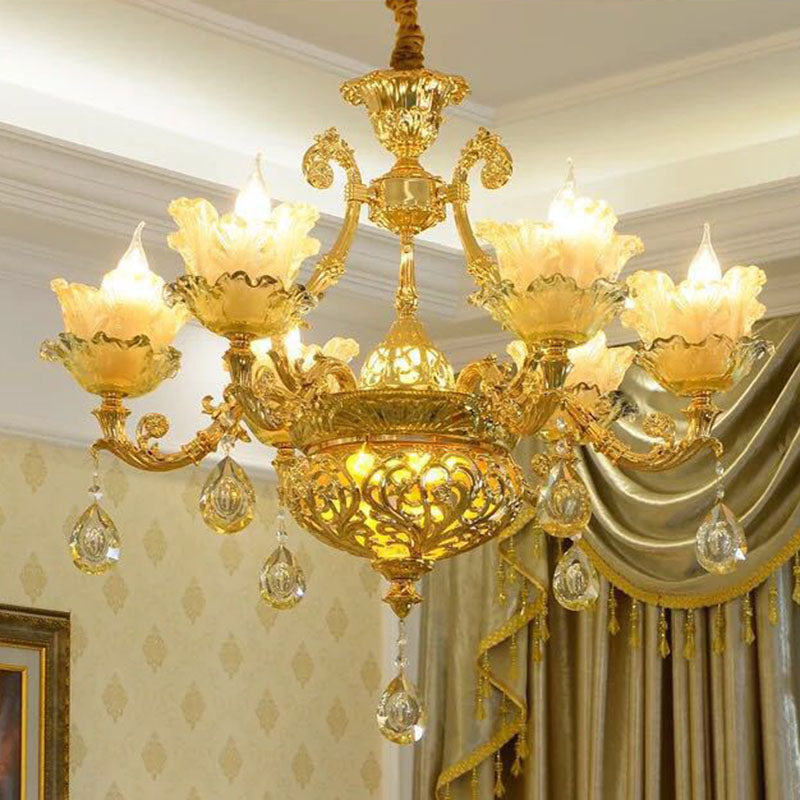 Modern Amber Glass Hanging Chandelier - Gold Living Room Pendant Light 6 /