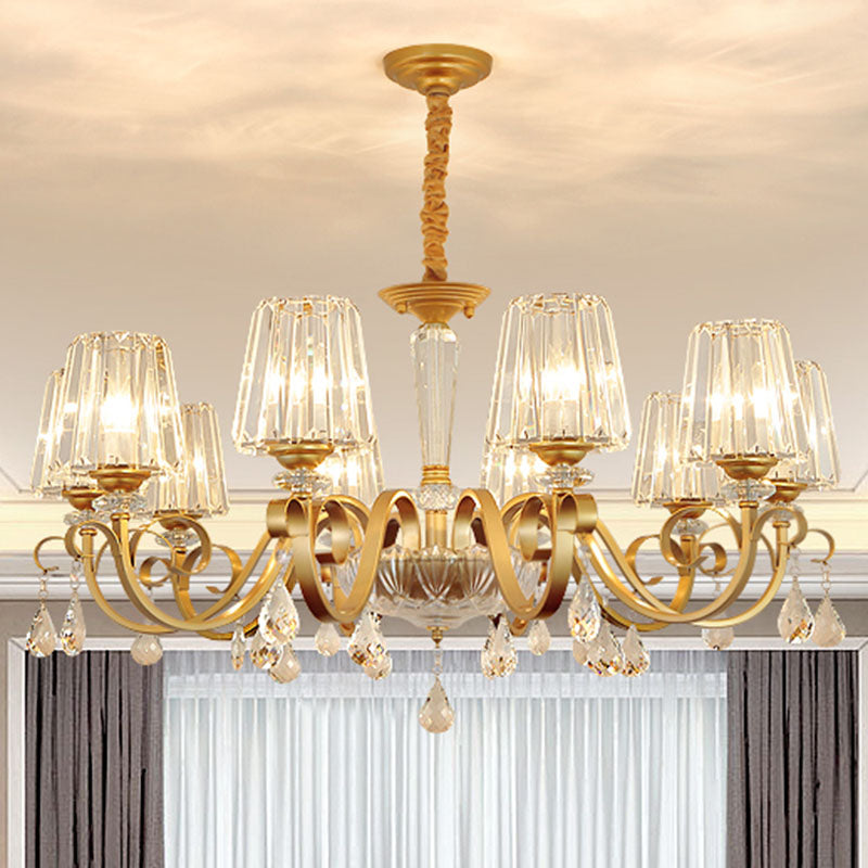 Simplicity Gold Tapered Crystal Hanging Light Kit - Elegant Ceiling Chandelier with Scrolled Arm
