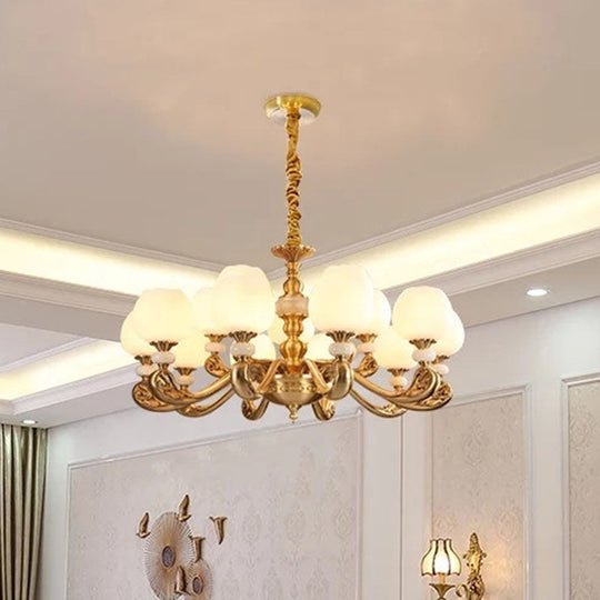 Opal Glass Bud Pendant Chandelier With Brass Suspension - Modern Style And Curved Arm 15 / White