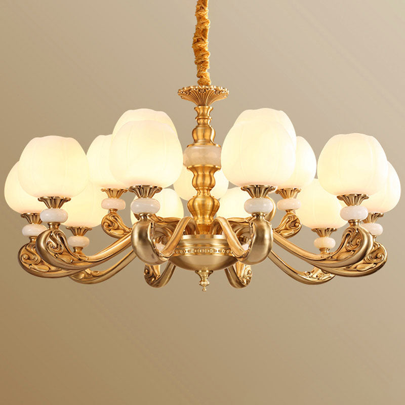 Modern Opal Glass Bud Pendant Chandelier with Brass Suspension and Curved Arm