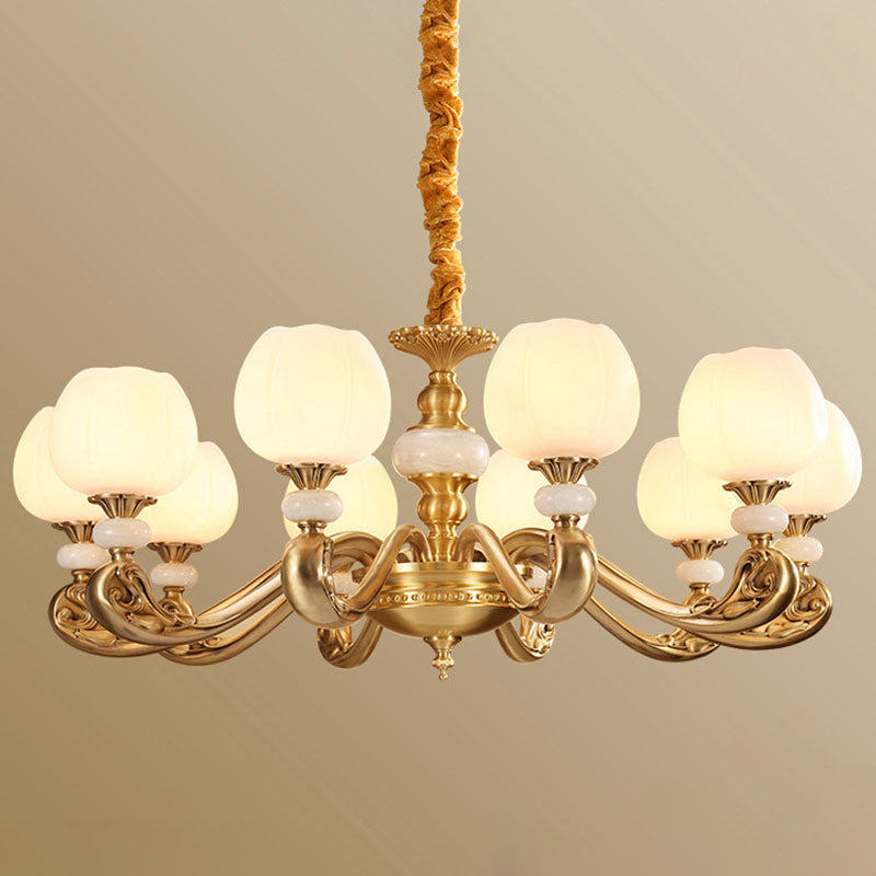 Modern Opal Glass Bud Pendant Chandelier with Brass Suspension and Curved Arm