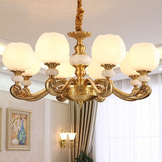 Opal Glass Bud Pendant Chandelier With Brass Suspension - Modern Style And Curved Arm 8 / White