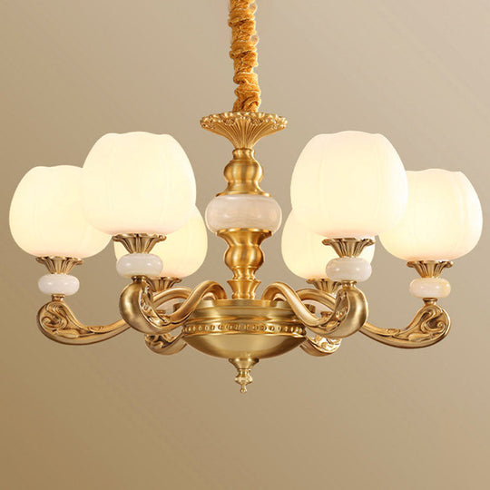 Opal Glass Bud Pendant Chandelier With Brass Suspension - Modern Style And Curved Arm 6 / White