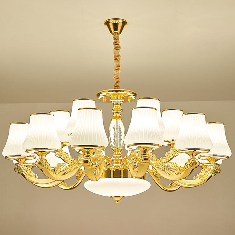 Contemporary Gold Chandelier Light Fixture - White Ribbed Glass Cone Ceiling Lamp 18 /