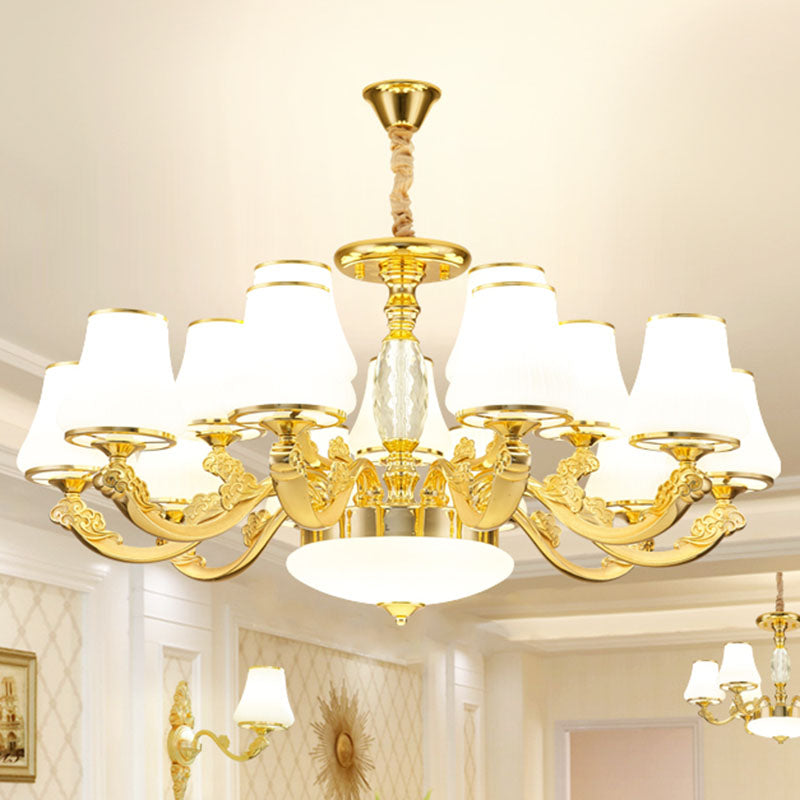 Contemporary Gold Chandelier Light Fixture - White Ribbed Glass Cone Ceiling Lamp 15 /