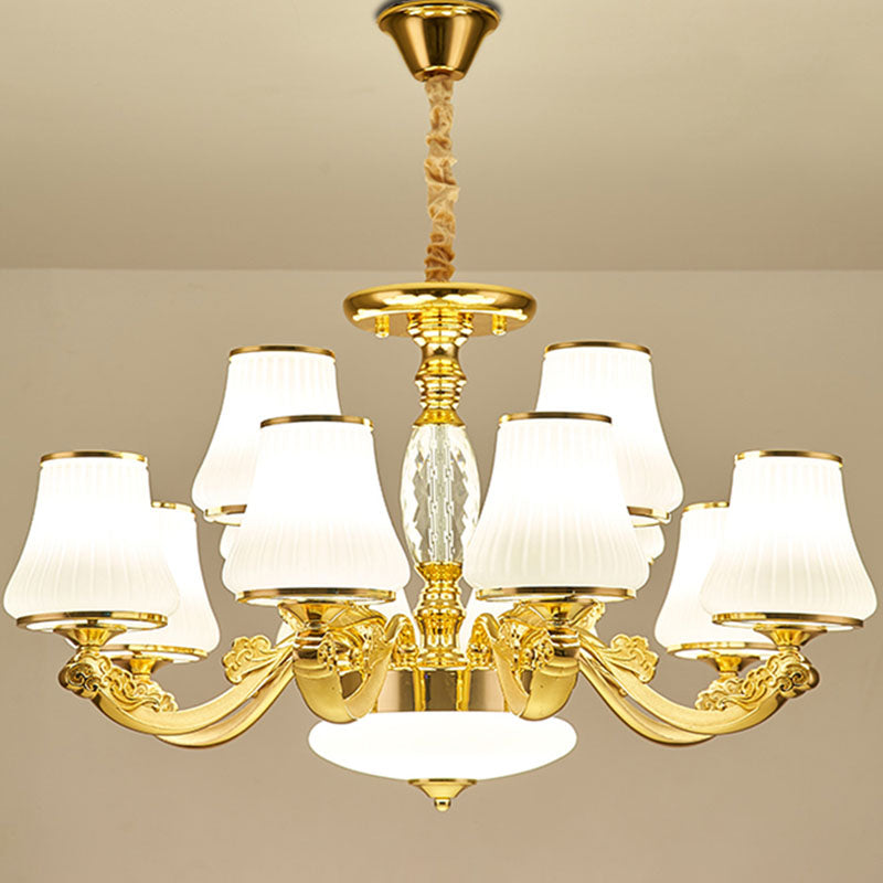 Contemporary Gold Chandelier Light Fixture - White Ribbed Glass Cone Ceiling Lamp 12 /