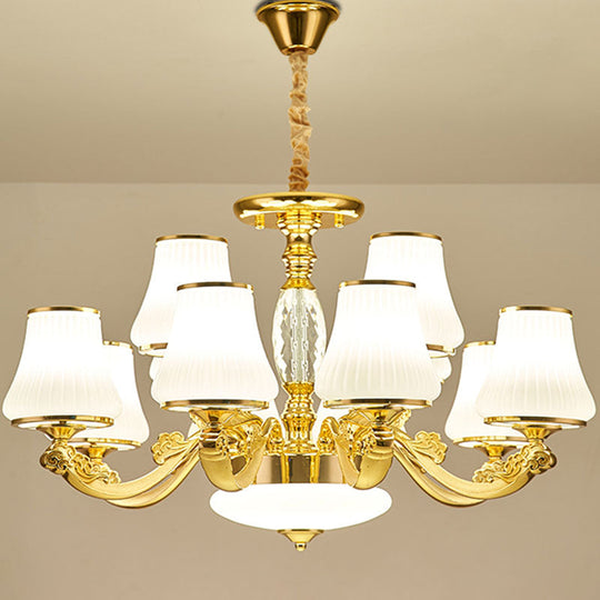 Contemporary Gold Chandelier Light Fixture - White Ribbed Glass Cone Ceiling Lamp 12 /