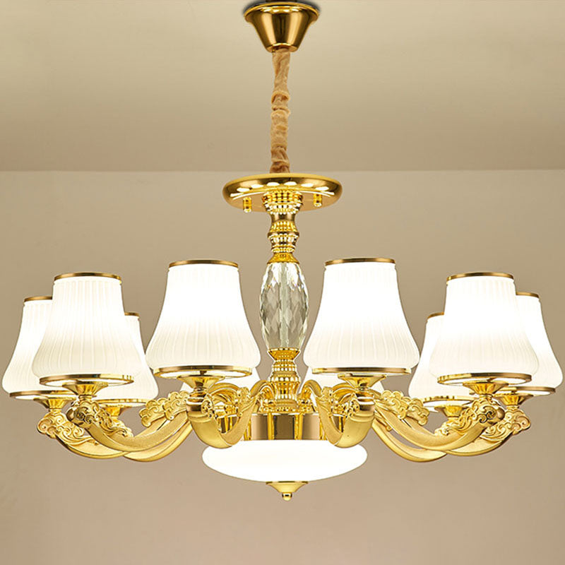 Contemporary Gold Chandelier with White Ribbed Glass Cone Ceiling Lamp
