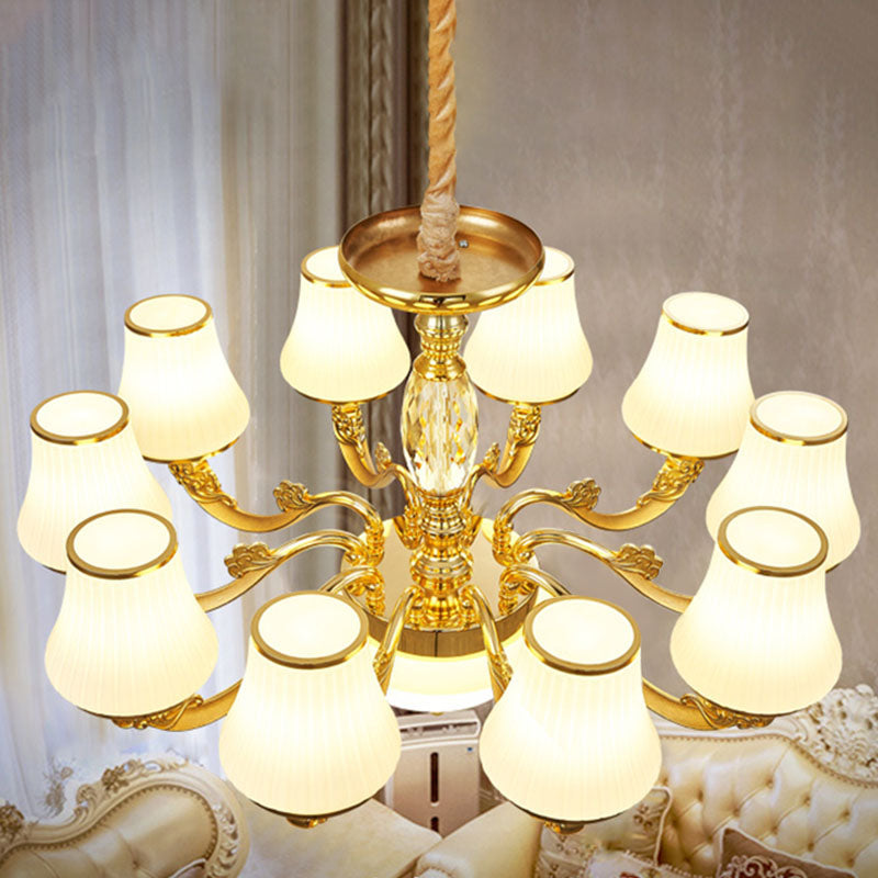 Contemporary Gold Chandelier Light Fixture - White Ribbed Glass Cone Ceiling Lamp