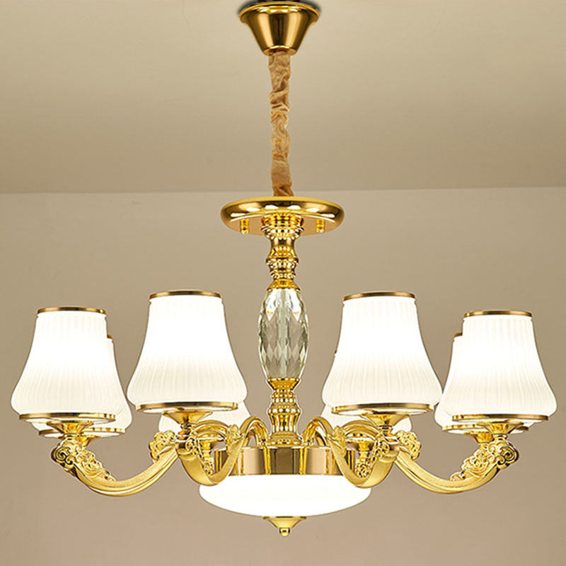 Contemporary Gold Chandelier Light Fixture - White Ribbed Glass Cone Ceiling Lamp 8 /