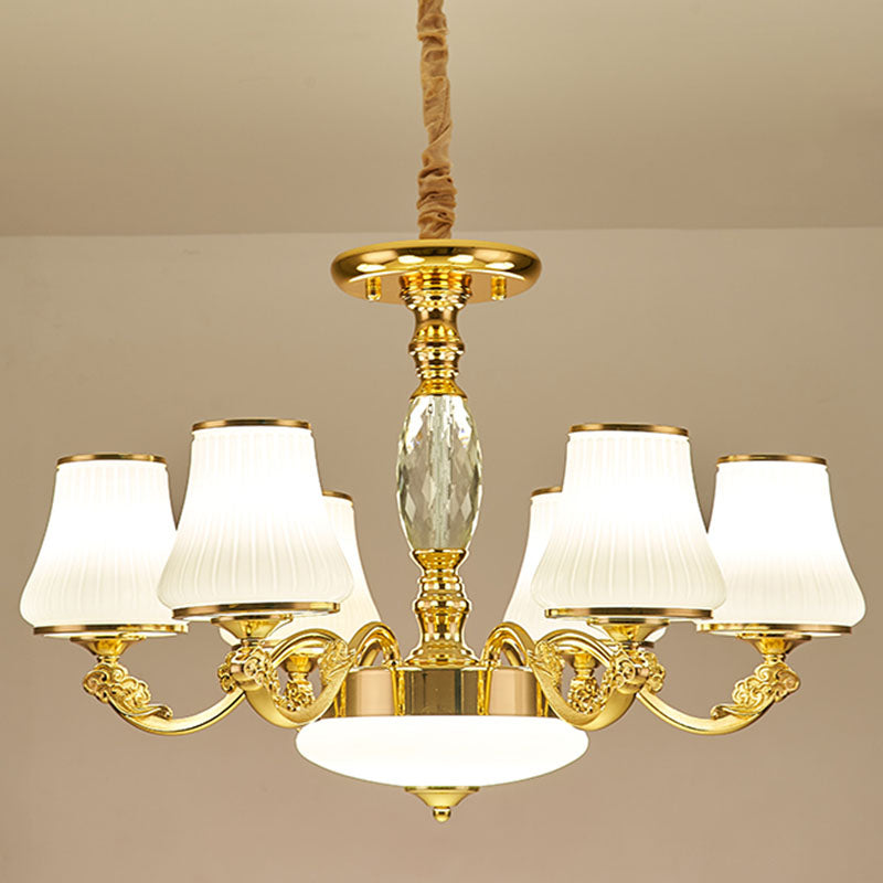 Contemporary Gold Chandelier Light Fixture - White Ribbed Glass Cone Ceiling Lamp 6 /