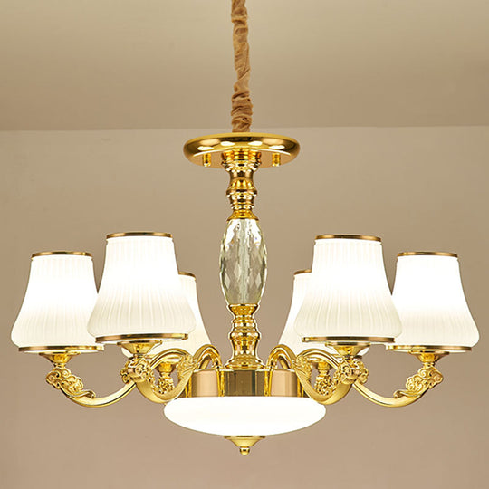 Contemporary Gold Chandelier Light Fixture - White Ribbed Glass Cone Ceiling Lamp 6 /