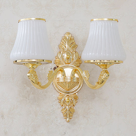 Contemporary Gold Chandelier with White Ribbed Glass Cone Ceiling Lamp