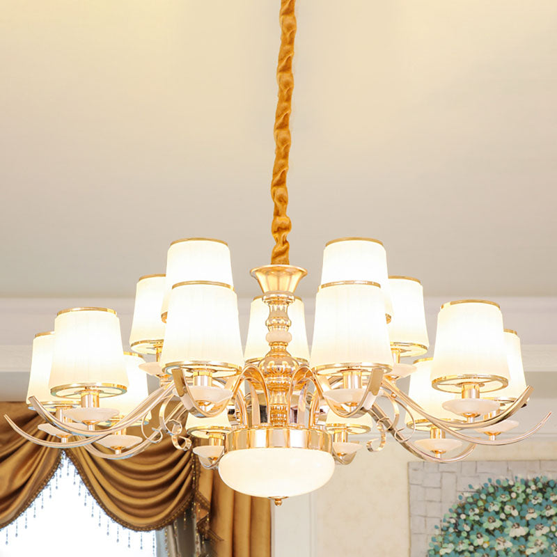Modern White Glass and Gold Pendant Chandelier with Curved Arm - Barrel Shade Design
