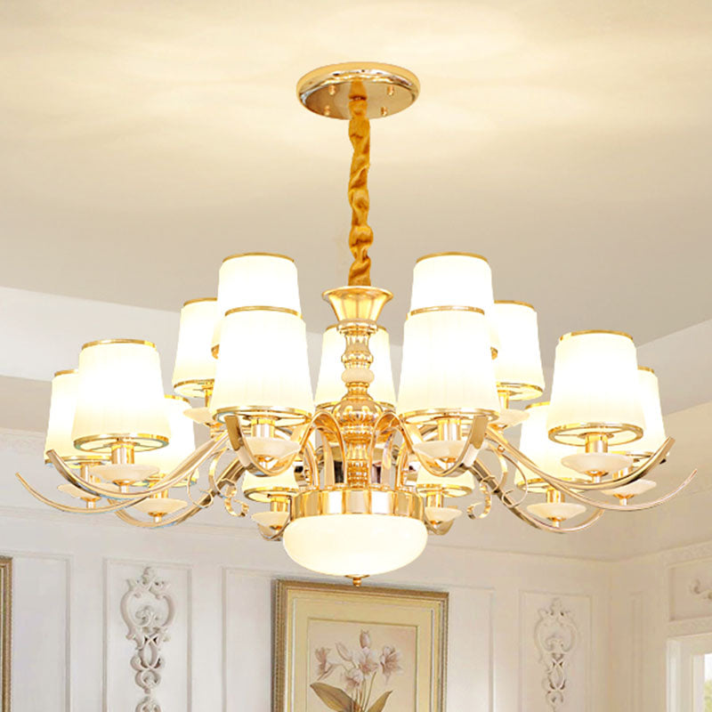 Modern White Glass Gold Pendant Chandelier With Barrel Shade And Curved Arm 12 /