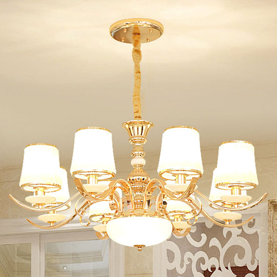 Modern White Glass Gold Pendant Chandelier With Barrel Shade And Curved Arm