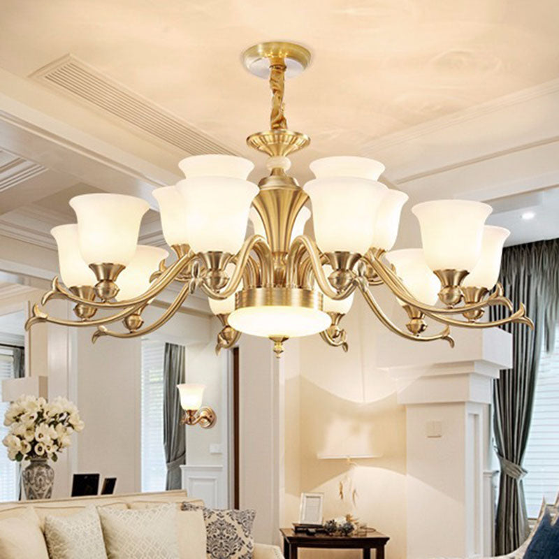 Modern Opaline Glass Chandelier for Living Room - Gold Bell Hanging Light Fixture