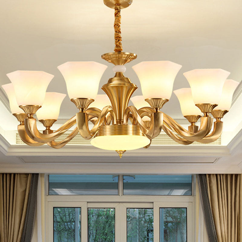 Contemporary Gold Bell Chandelier Pendant with Milky Glass Shade