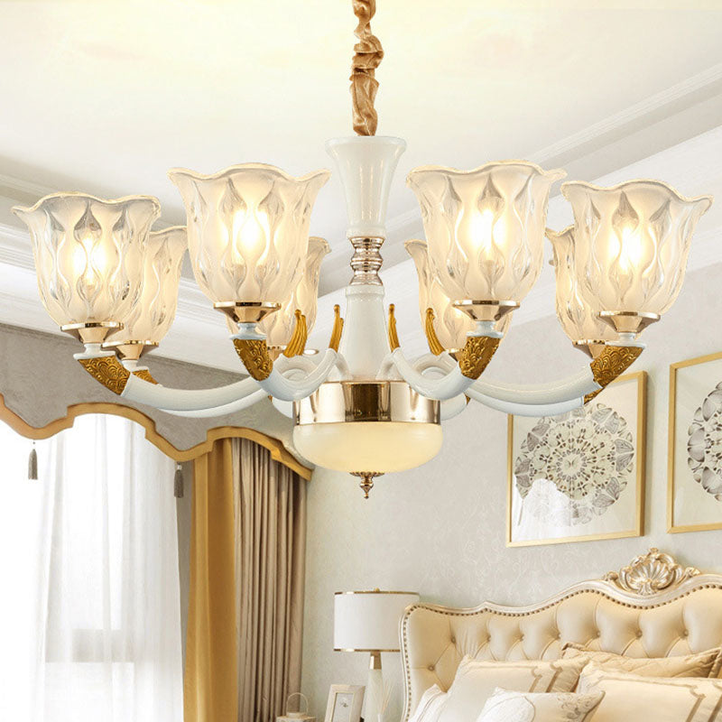 Modern Ivory Blossom Ceiling Light: Clear Textured Glass Chandelier for Living Room