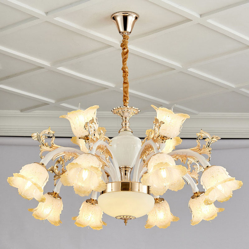 Floral Frosted Glass Dining Room Chandelier - Minimalist Ceiling Lamp In White