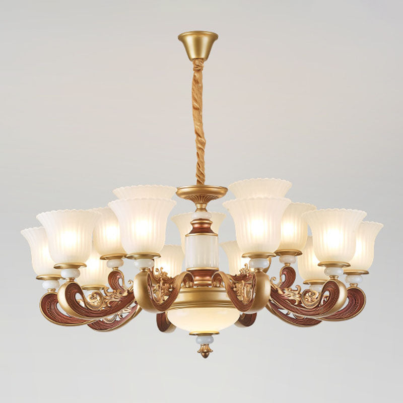 Gold Chandelier With Frosted Ribbed Glass Shade For Dining Room Pendant Lighting 15 /