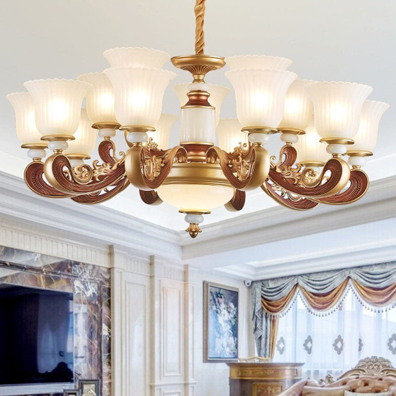 Gold Chandelier with Frosted Ribbed Glass Shade for Dining Room Pendant Lighting