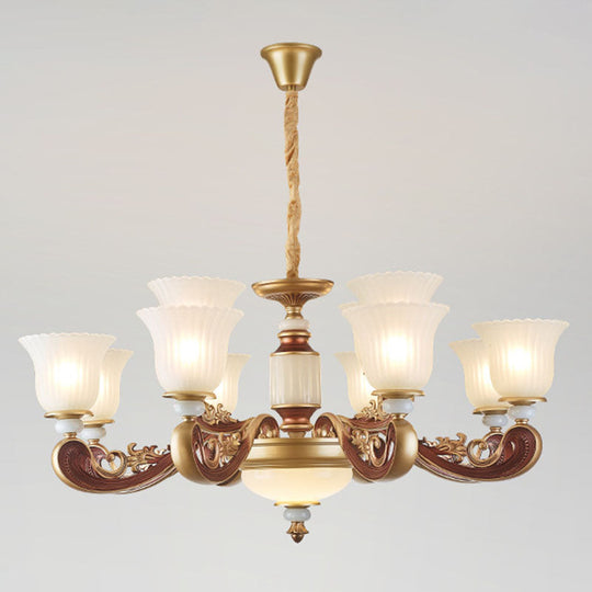 Gold Chandelier With Frosted Ribbed Glass Shade For Dining Room Pendant Lighting 12 /