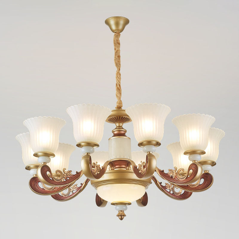 Gold Chandelier With Frosted Ribbed Glass Shade For Dining Room Pendant Lighting