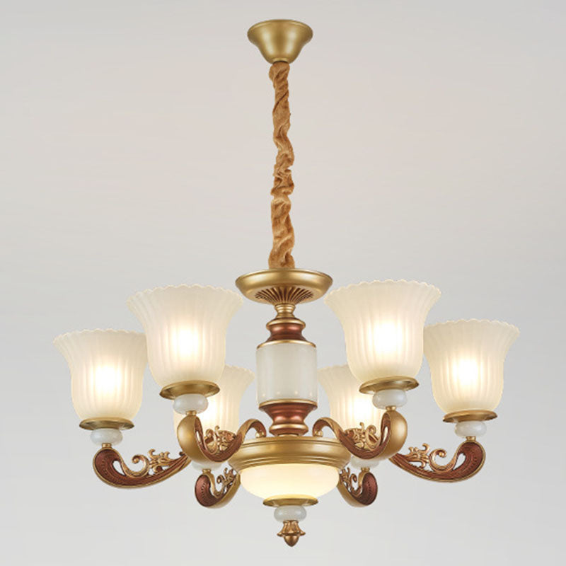 Gold Chandelier with Frosted Ribbed Glass Shade for Dining Room Pendant Lighting
