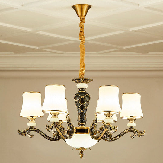 Modern Brass Tapered Chandelier With White Glass Pendant Lighting For Living Room