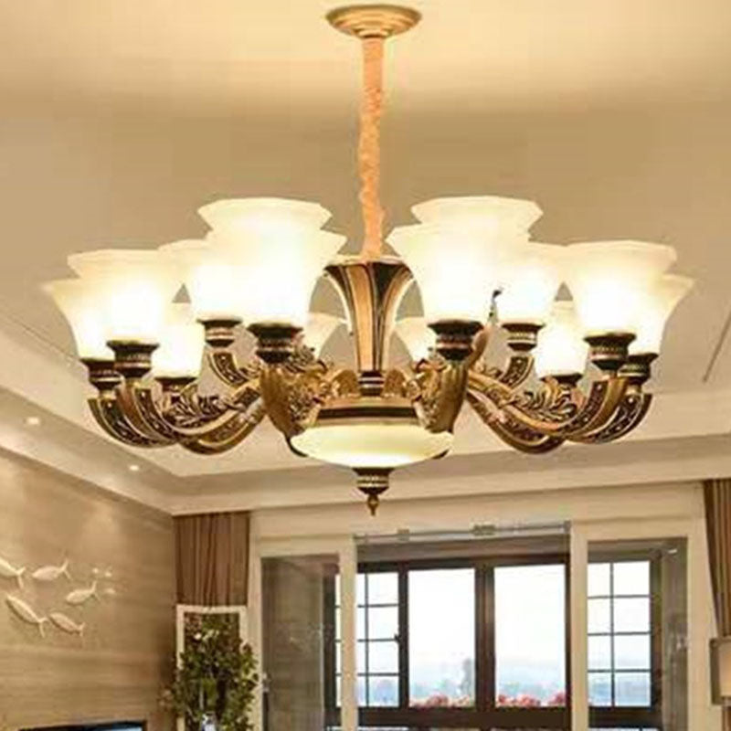 Gold Paneled Bell Chandelier With Opaline Frosted Glass Shade - Modern Pendant Lamp 15 /