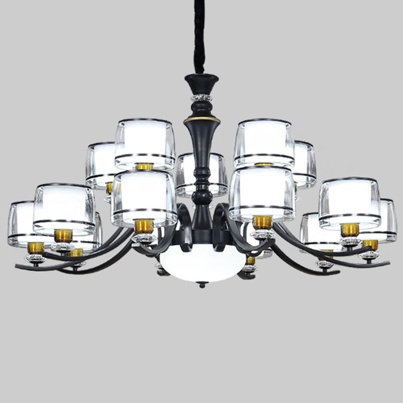 Modern Dual Cylinder Pendant Light Fixture - Clear & White Glass With Black Chandelier For Living