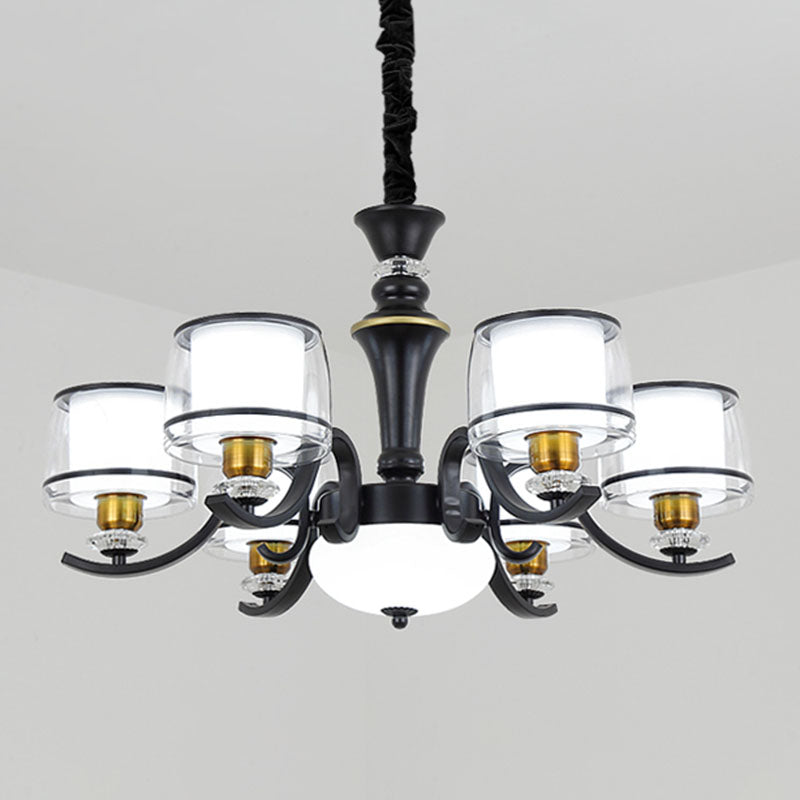 Modern Dual Cylinder Pendant Chandelier with Clear and White Glass for Living Room