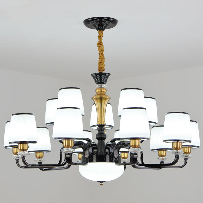 Contemporary Black Chandelier Light Fixture for Dining Room - White Glass Barrel Drop Lamp