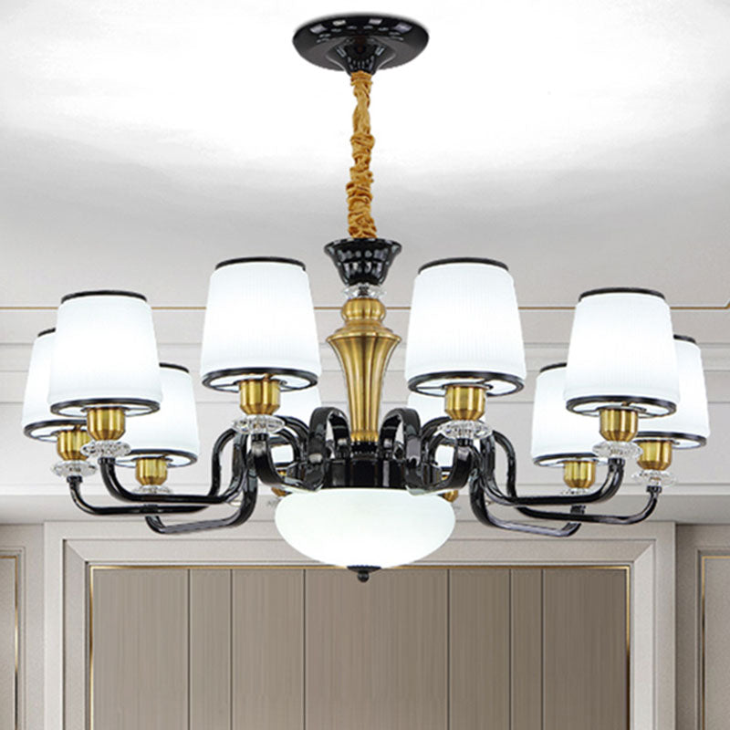 Contemporary Black Chandelier Light Fixture for Dining Room - White Glass Barrel Drop Lamp