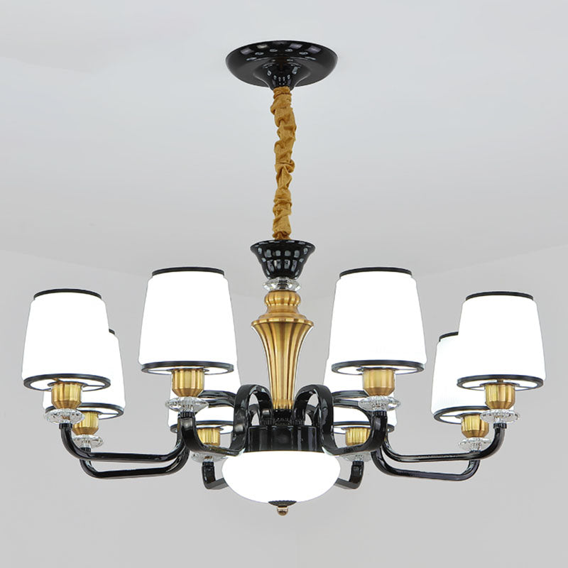 Contemporary Black Chandelier Light Fixture for Dining Room - White Glass Barrel Drop Lamp