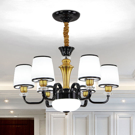 Contemporary Black Chandelier Light Fixture for Dining Room - White Glass Barrel Drop Lamp