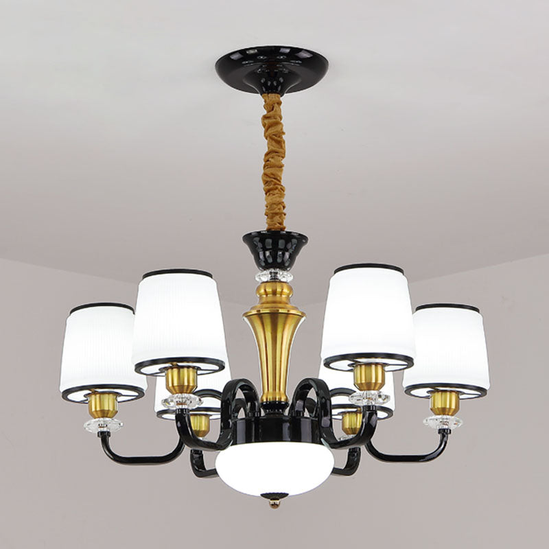 Contemporary Black Chandelier For Dining Room With White Glass Barrel Drops