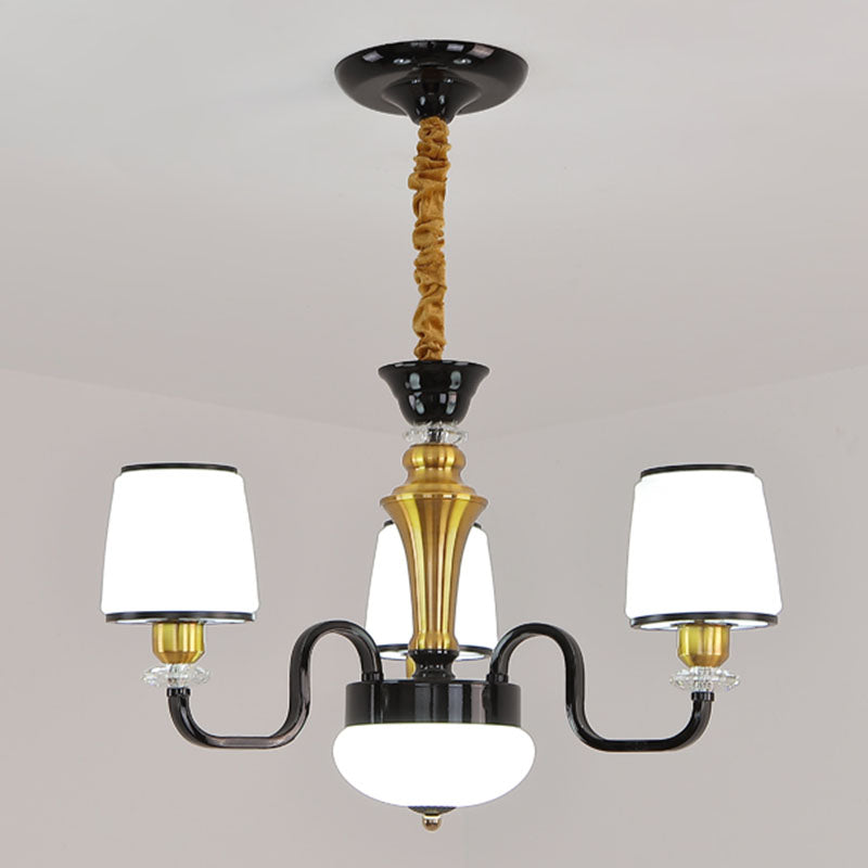 Contemporary Black Chandelier Light Fixture for Dining Room - White Glass Barrel Drop Lamp