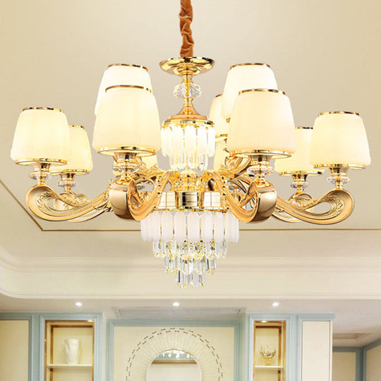Modern White Glass Pendant Light With Crystal Draping - Bucket Chandelier Lamp