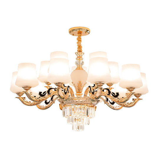 Gold Tapered Chandelier Lamp: Elegant Pendulum Light with White Frosted Glass Shade for Living Room