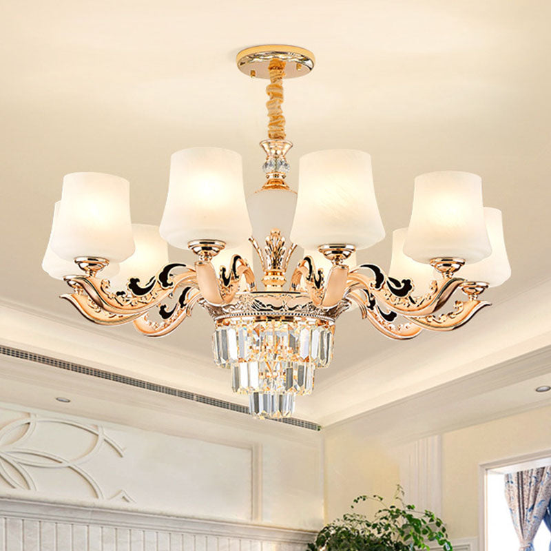 Gold Tapered Chandelier With Frosted Glass Shade For Living Room 10 / White
