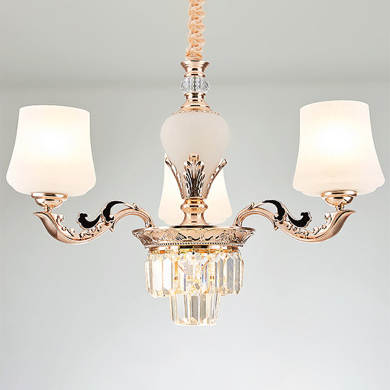 Gold Tapered Chandelier Lamp: Elegant Pendulum Light with White Frosted Glass Shade for Living Room