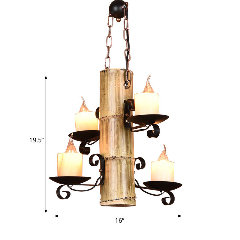 Coastal Black Pendant Chandelier With Clear Glass/Marble And Bamboo Shelf - 4-Light Lantern/Candle