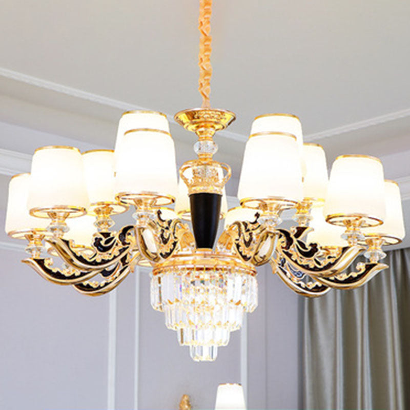 Modern Opal Glass Cone Chandelier With Gold Finish And Crystal Accents 15 / White