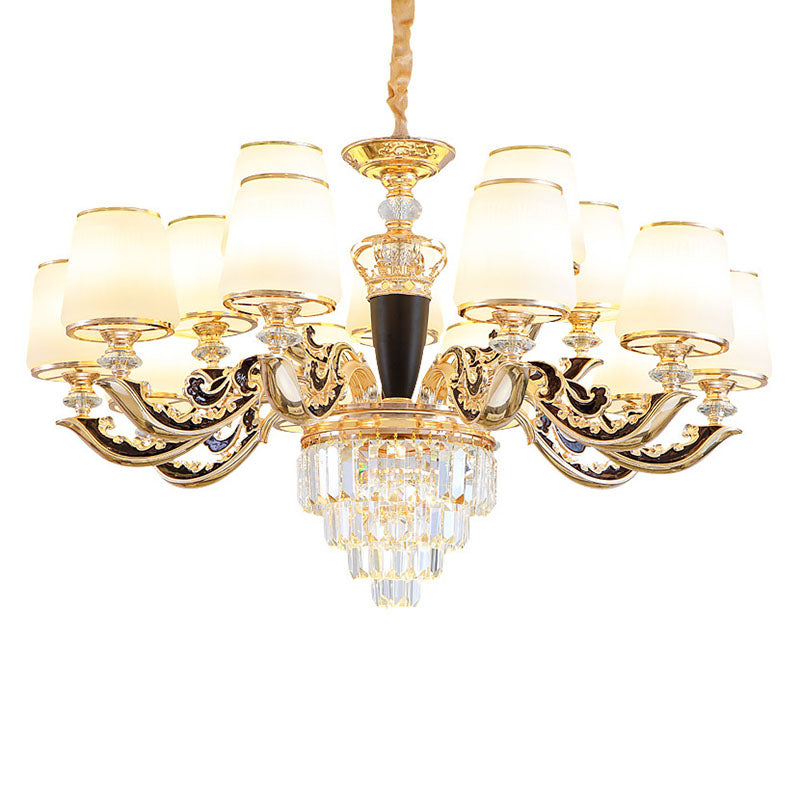 Modernist Opal Glass Gold Cone Chandelier with Crystal Accents - Stylish Pendulum Light