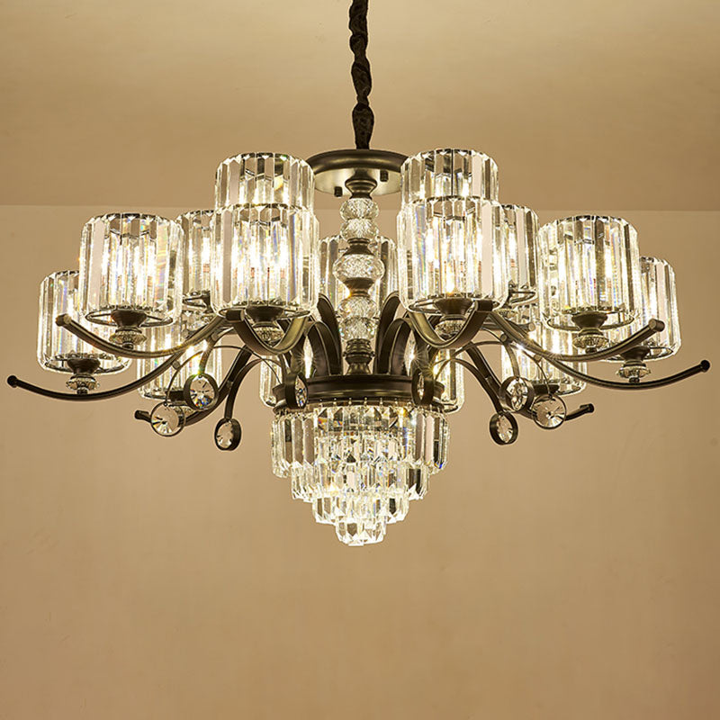 Modernist Black Cylinder Pendant Chandelier With Clear Crystal - Stylish Dining Room Ceiling Light