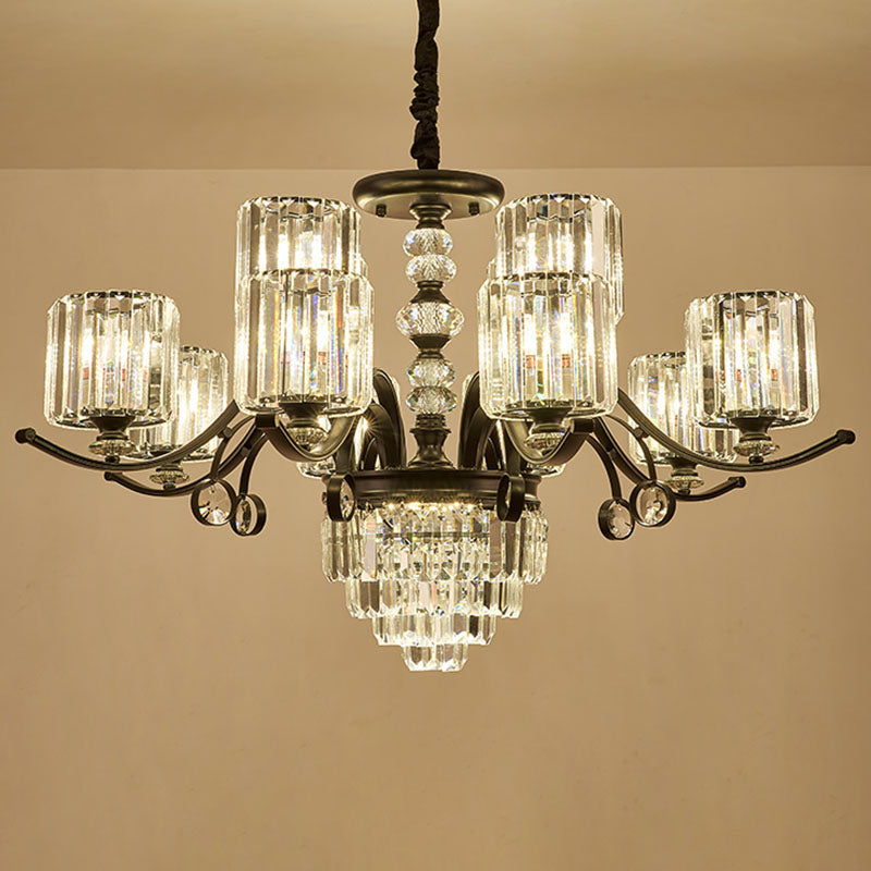 Modernist Black Cylinder Pendant Chandelier With Clear Crystal - Stylish Dining Room Ceiling Light