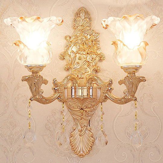 Gold Scrolled Arm Wall Mount Lamp With Crystal Accent - Elegant Metallic Sconce 2 / F